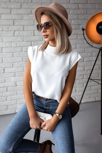 White Mock Sleeveless Solid Neck Top