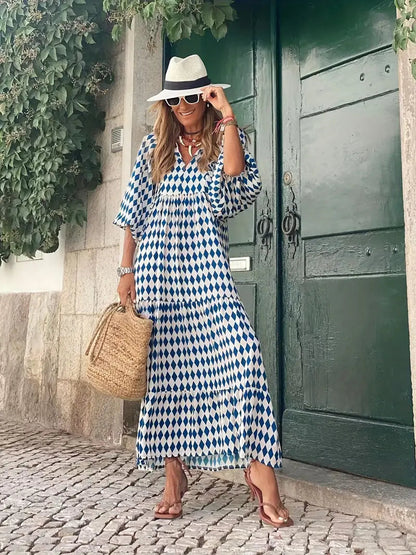 Long Beach Boho Puff Sleeve Maxi Loose Dress - Blue