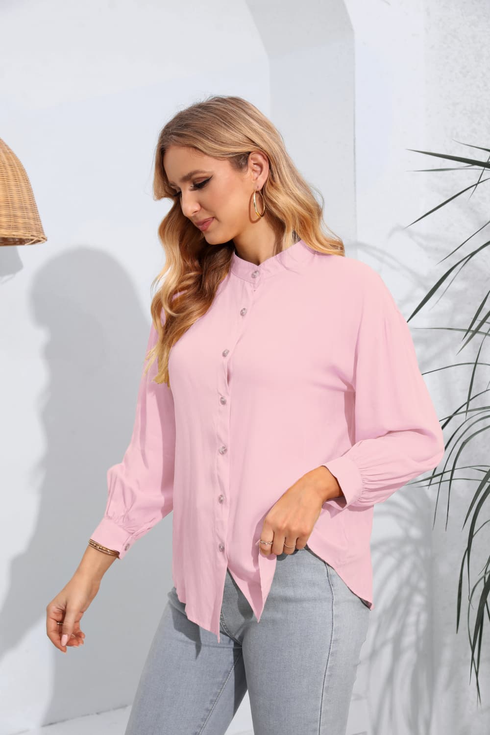 with Long Mock Arm Buttoned Blouse Neck