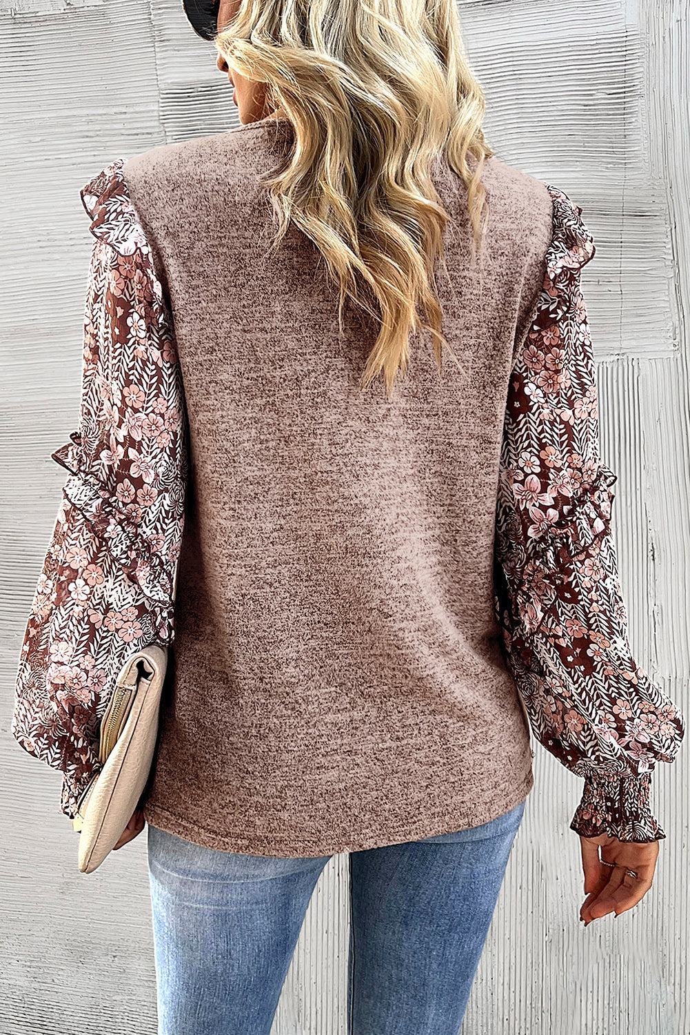 Arm Flowered Blouse Tiered Neck Pale Ruffle Crew in Chestnut