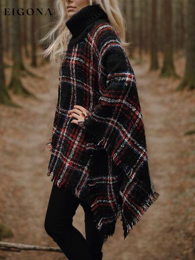 Cosybreezee - Turtleneck Plaid Raw Hem Sweater Fashion Poncho