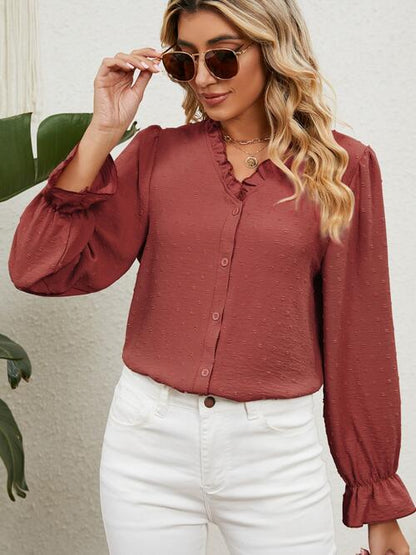 with Arm Blouse V-Neck Flounce Button Up