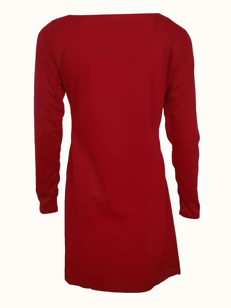 Asymmetrical Hem Button Crew Neck Dress with Long Sleeves