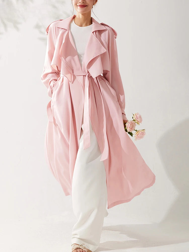 Spring Autumn Long Sweet Thin Flowy Pink Sashes High Quality Luxury Designer 2024 Stylish Coat