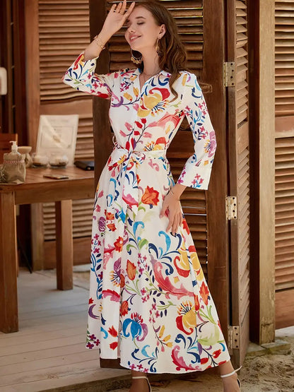 Waist Design Gown with Long Tie V-Neck Blouse Belt Sleeves