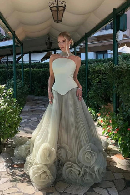 Tulle Strapless Floral 3D Prom Maxi Dress