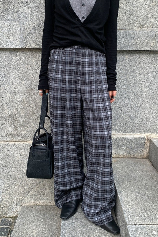 Draped Plaid High Waist Wide Leg Pants