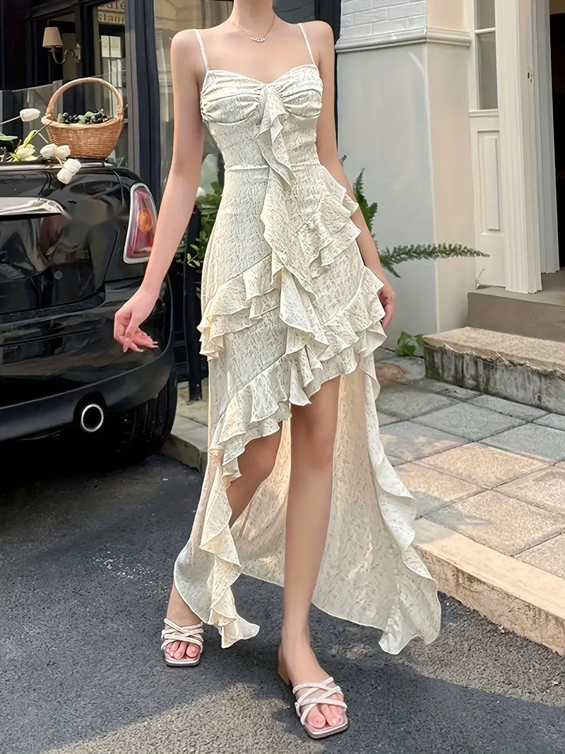 Ruffles Spaghetti Strap Backless Maxi Dress for Summer