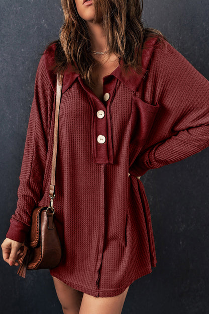 Red Knit Buttoned Waffle Top