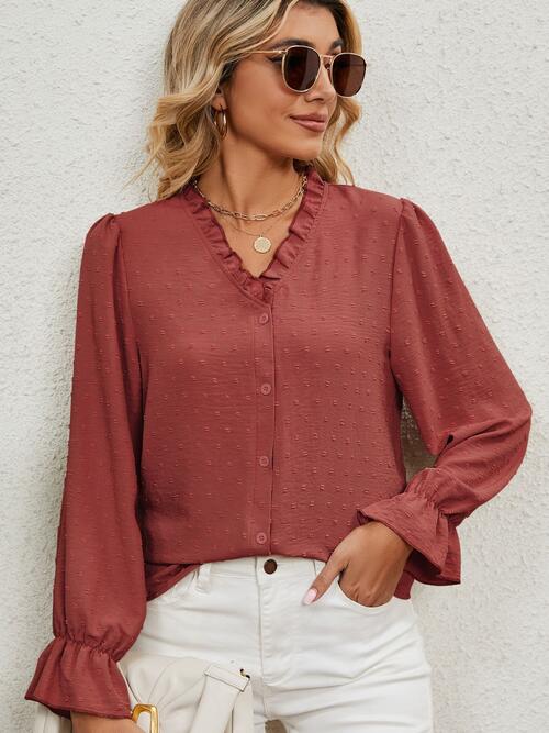 with Arm Blouse V-Neck Flounce Button Up