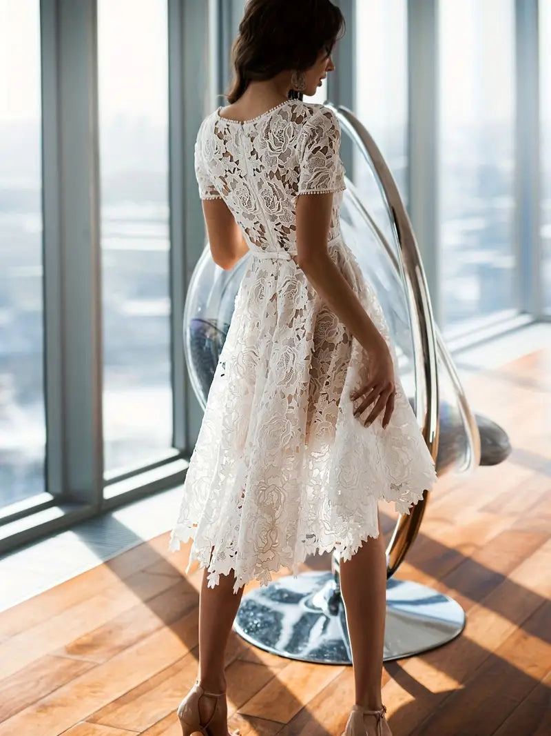 White Lace Scoop Neck Short Sleeve Dress