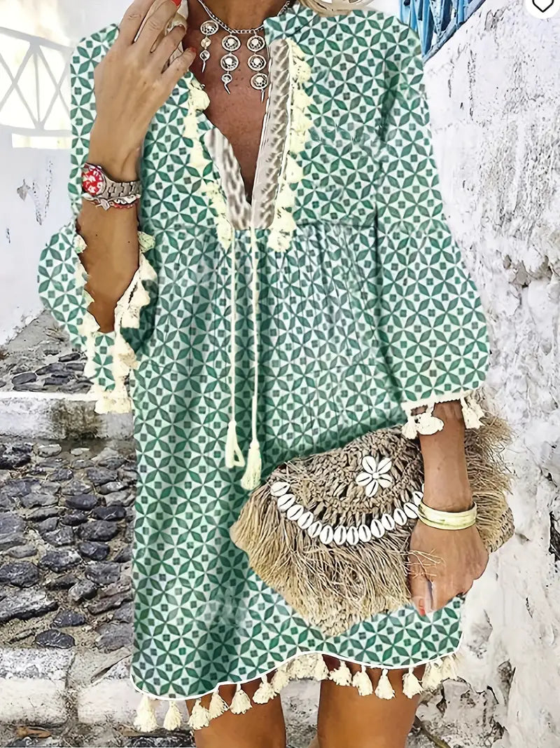 Boho Green V Neck Tassels Casual Dress with Retro Print