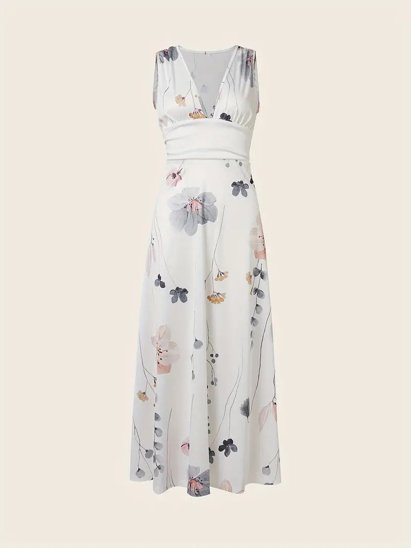 Sleeveless Full-Length Gown with Flowered Design Plunging Neckline