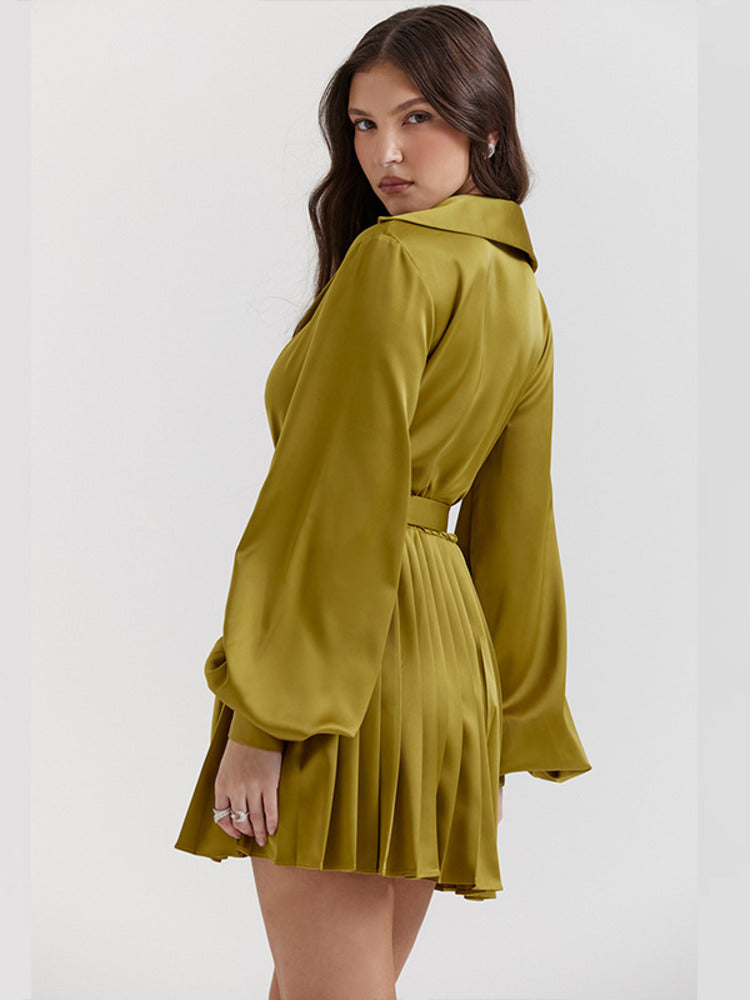 Natalie Satin Pleated Sexy Shirt Dress