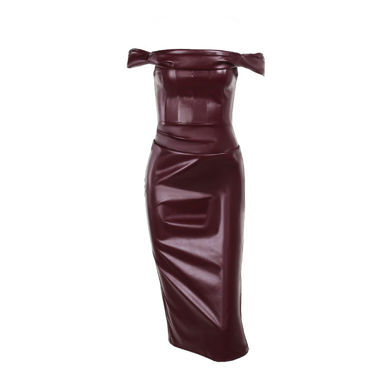 Kelly Wine Red Strapless Backless PU Leather Midi Dress