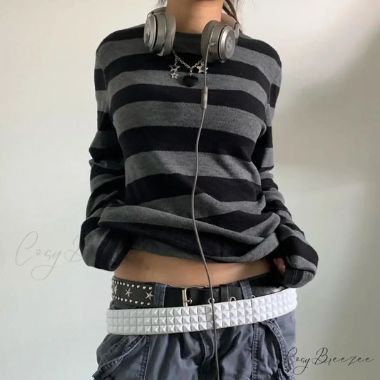 Fairy Grunge Knit Oversized Striped Long Sleeve Crewneck Knit Top knittop-250126