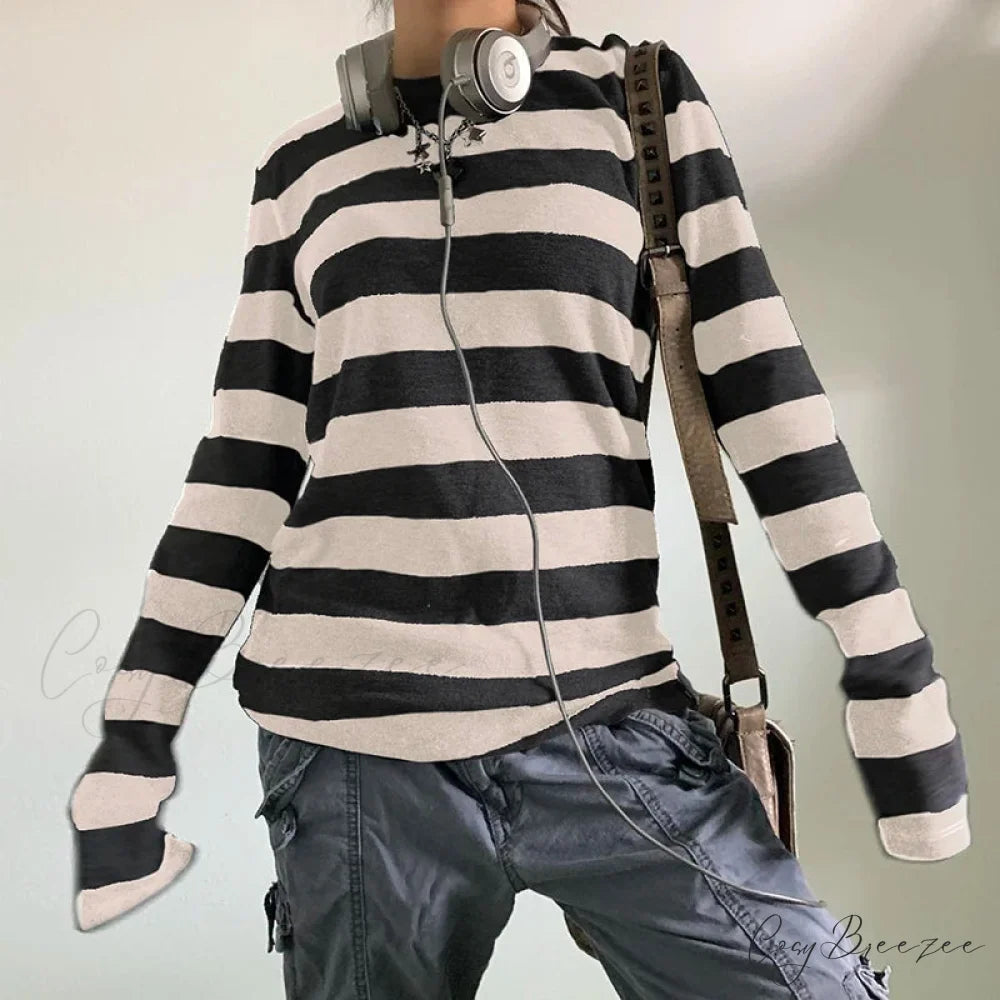 Fairy Grunge Knit Oversized Striped Long Sleeve Crewneck Knit Top Zebra-stripe1 / S knittop-250126