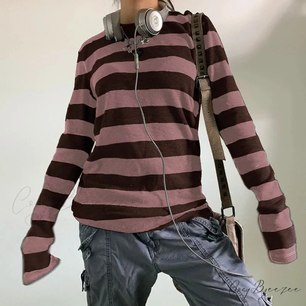 Fairy Grunge Knit Oversized Striped Long Sleeve Crewneck Knit Top Zebra-stripe5 / S knittop-250126