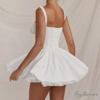 Fairy Grunge Lace Up White Corset Frill Mini Dress