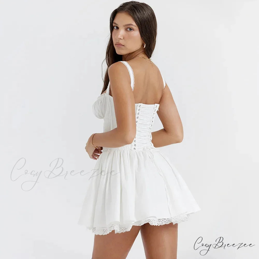 Fairy Grunge Lace Up White Corset Frill Mini Dress