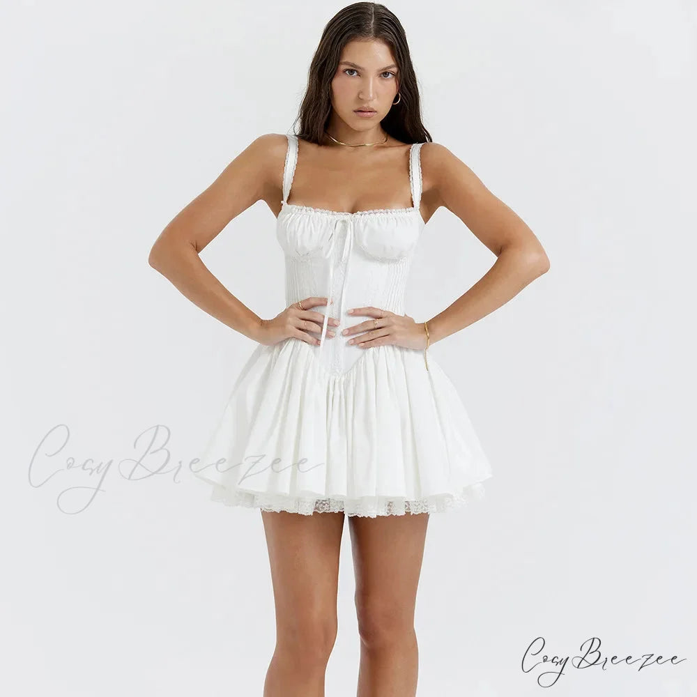 Fairy Grunge Lace Up White Corset Frill Mini Dress