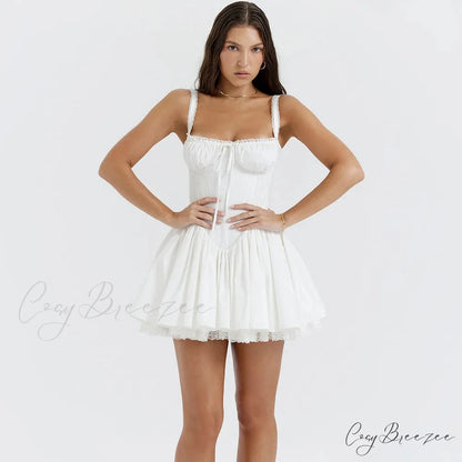 Fairy Grunge Lace Up White Corset Frill Mini Dress