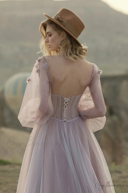 Fairy Tale Lilac Long Modern Sleeve Tulle Maxi Dress