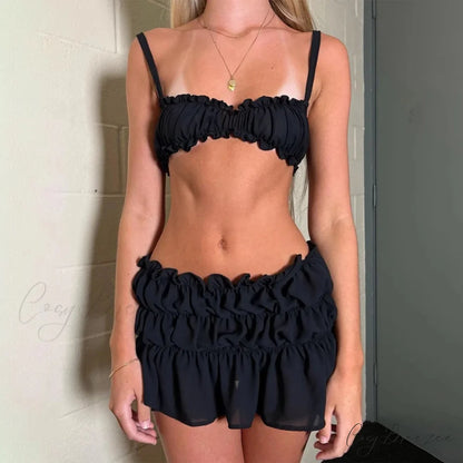 Fairycore Frills Spaghetti Cami Crop Tops + Ruched Mini Skirt Black / S twopiecesset-250126