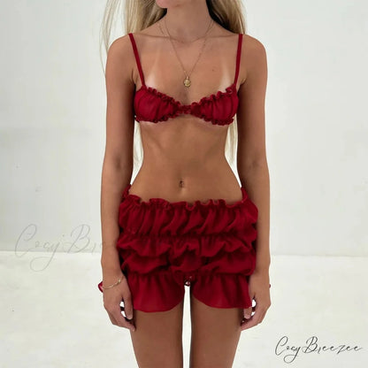 Fairycore Frills Spaghetti Cami Crop Tops + Ruched Mini Skirt Red / S twopiecesset-250126