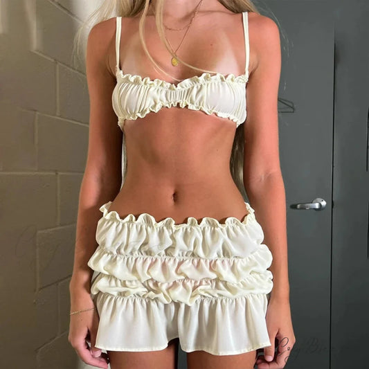 Fairycore Frills Spaghetti Cami Crop Tops + Ruched Mini Skirt WHITE / S twopiecesset-250126