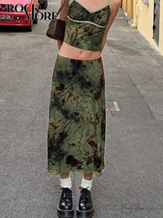 Fairycore Grunge Floral Printed Midi Skirt Y2K Vintage Skirt skirt-250126