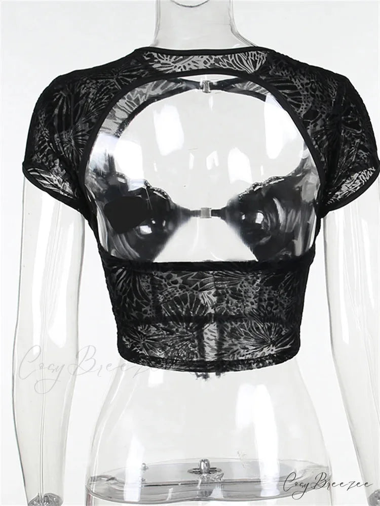 Fairycore Grunge Lace Backless Hollow Out Short Sleeve T-Shirts