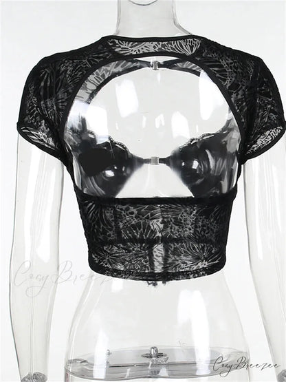 Fairycore Grunge Lace Backless Hollow Out Short Sleeve T-Shirts