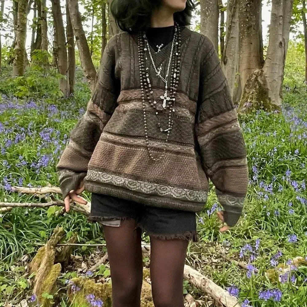 Fairycore Grunge Striped Print Sweater green / S swraters-241228