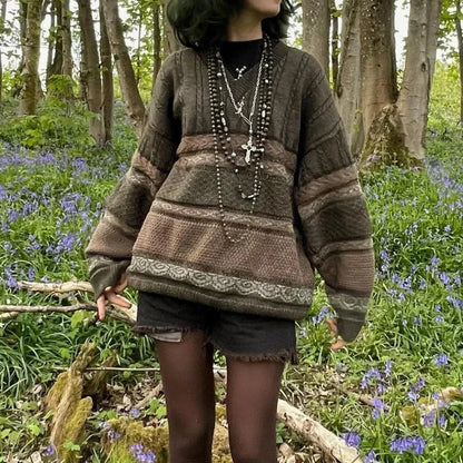 Fairycore Grunge Striped Print Sweater green / S swraters-241228
