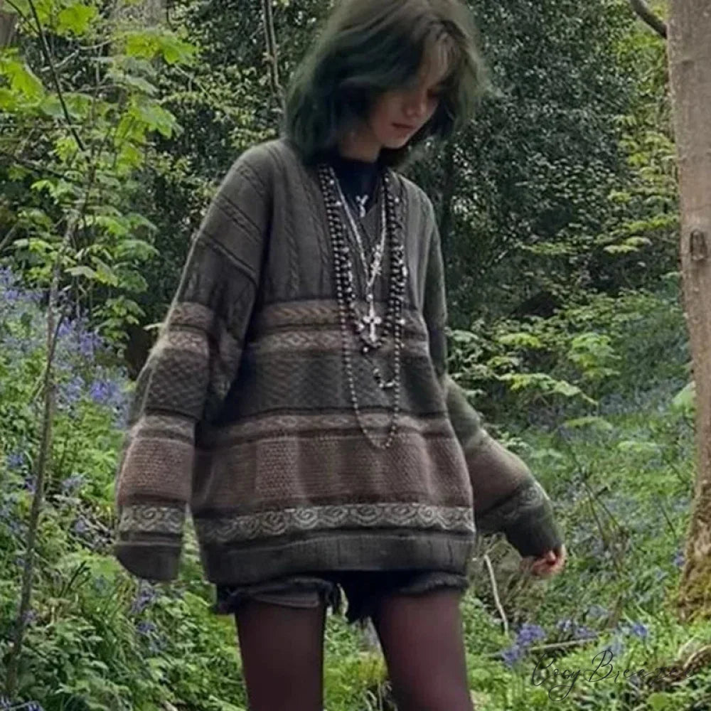 Fairycore Grunge Striped Print Sweater swraters-241228