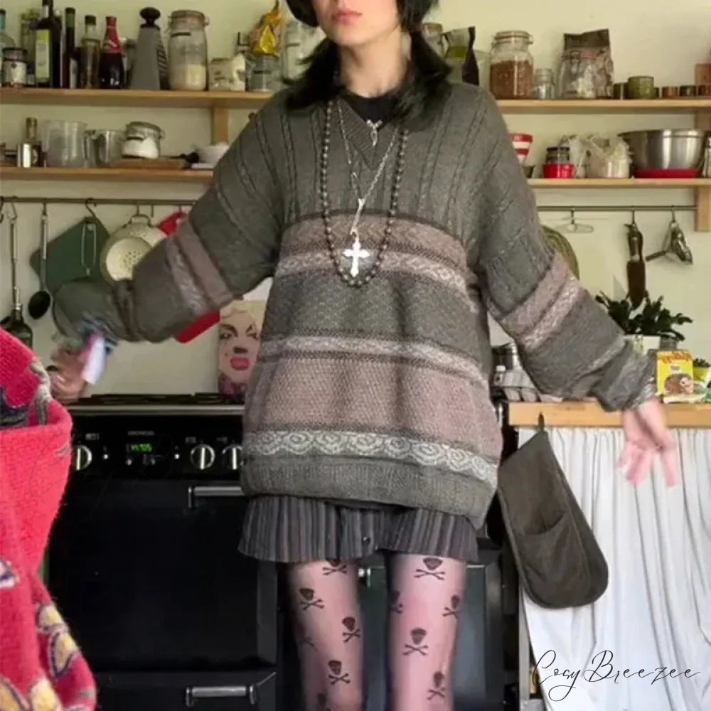 Fairycore Grunge Striped Print Sweater swraters-241228