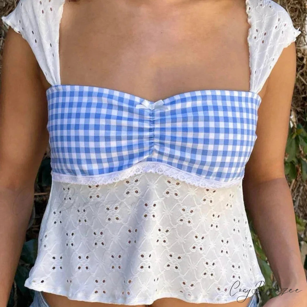 Fairycore Jacquard Eyelet Plaid Patchwork Milkmaid Tie-Up Backless Crop Top croptop-250126