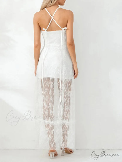 Fairycore Retro White Lace Backless Halter Tube Dress floraldress-250126