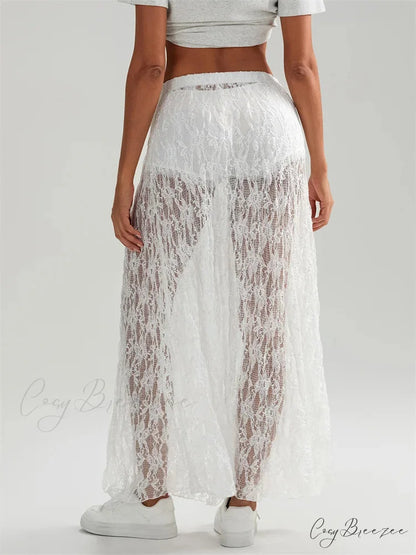 Fall Long Maxi Skirt Elastic Waist Lace Floral Casual Skirt skirt-250126