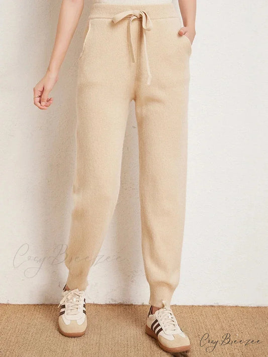 Fall New Solid Wide Pit Stripe Casual Knitted Wide-Legged Streetwear Pants Beige / M