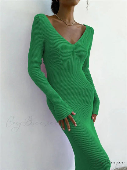 Fall Winter Knit Rib Long Sleeve V Neck Backless Midi Dress Green / S