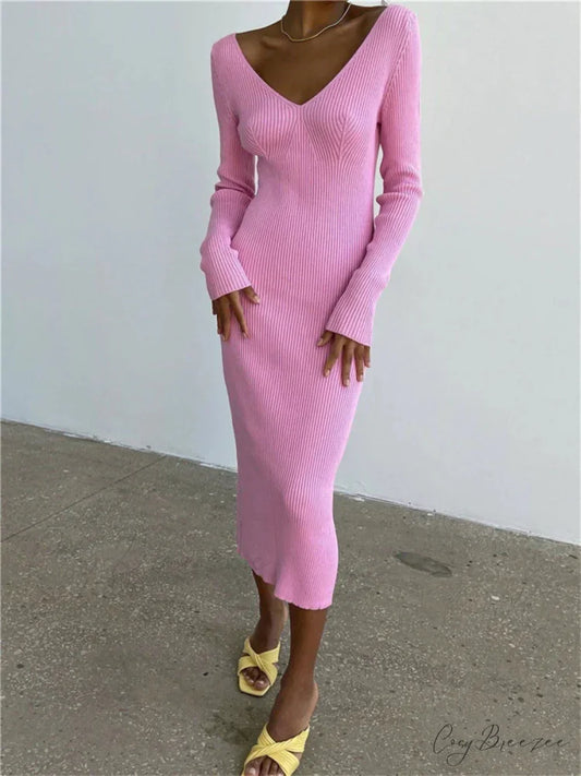 Fall Winter Knit Rib Long Sleeve V Neck Backless Midi Dress Pink / S