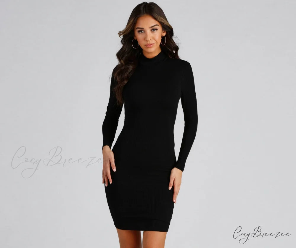 Falling For Chic Charming Mock Neck Dress BLACK / XS