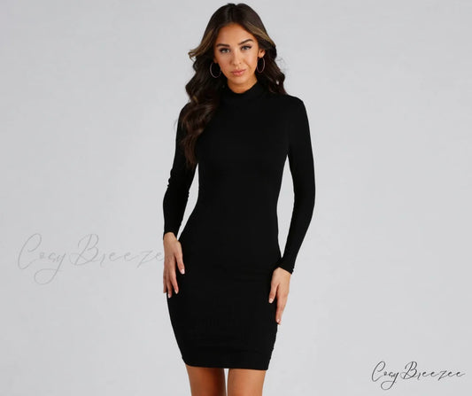 Falling For Chic Charming Mock Neck Dress BLACK / XS