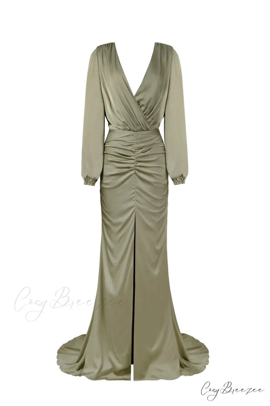 Fancy Olive Silk Charming Maxi Evening Dress XXS / Olive