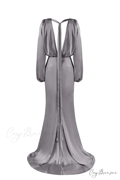 Fancy Silver Silk Charming Maxi Evening Dress