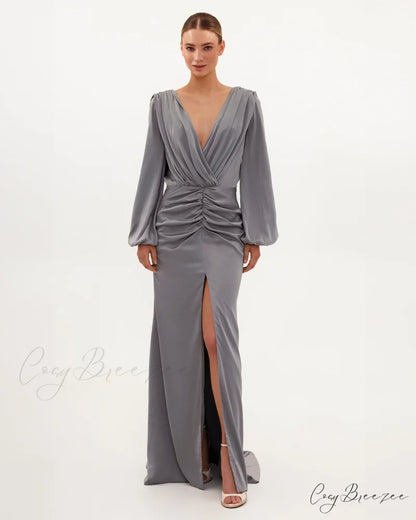 Fancy Silver Silk Charming Maxi Evening Dress
