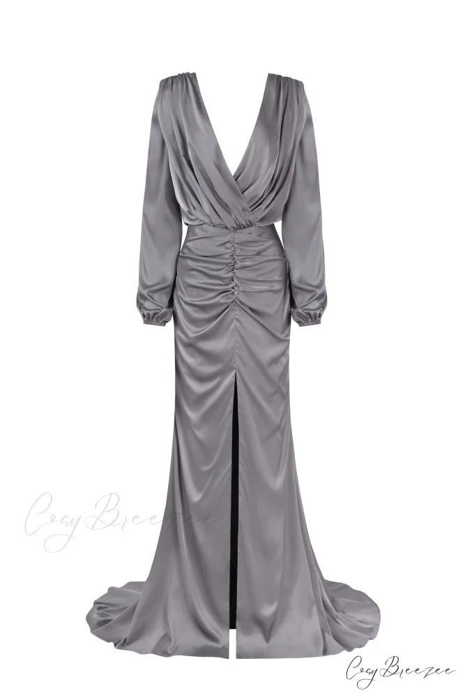 Fancy Silver Silk Charming Maxi Evening Dress XXS / Silver
