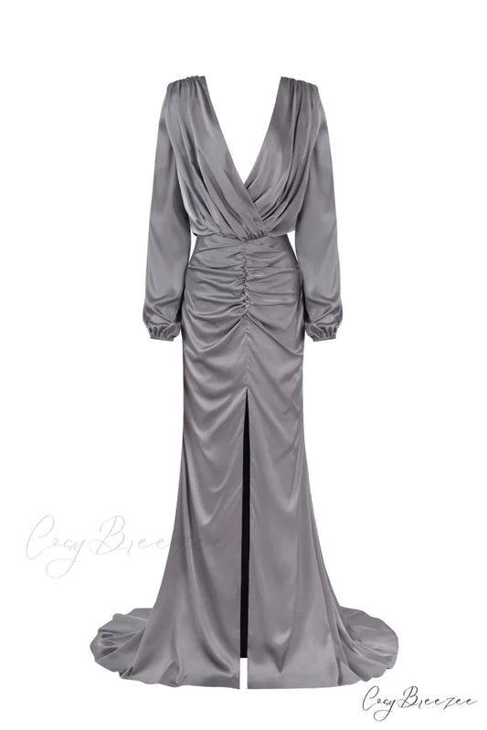 Fancy Silver Silk Charming Maxi Evening Dress XXS / Silver